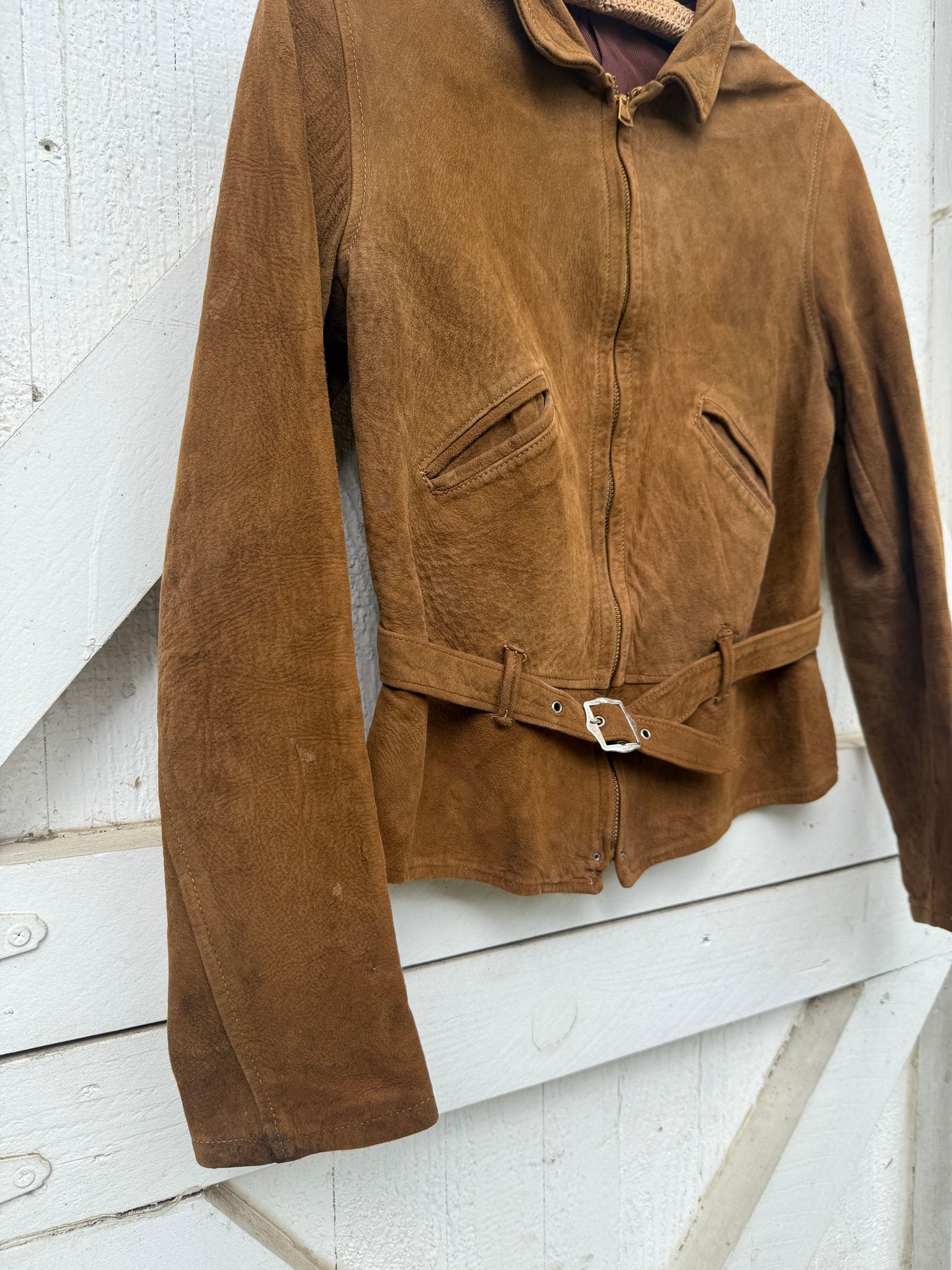 1930s Brown Suede Belted Cropped Jacket