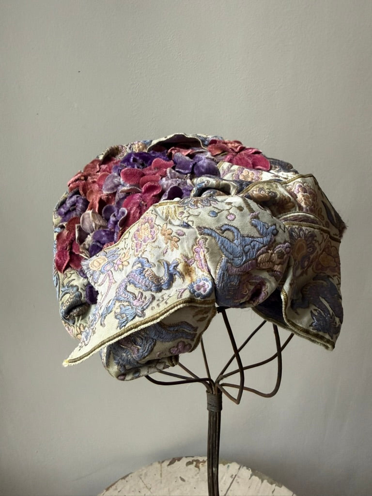 1940s Alice May Horse Tapestry Millinery Hat with Velvet Flowers