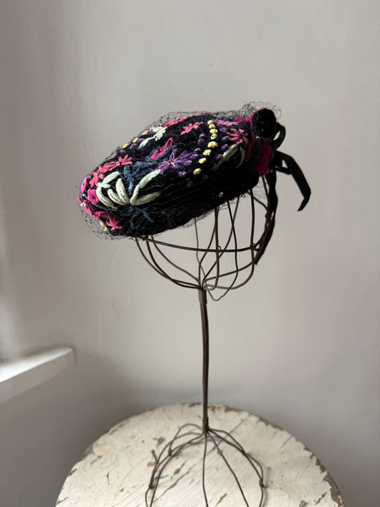 1950s Black Velvet Floral Cocktail Calot with Birdcage Veil