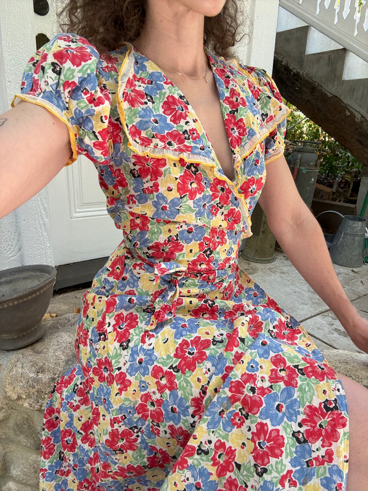 1930s Floral Cotton Ruffled Wrap Dress