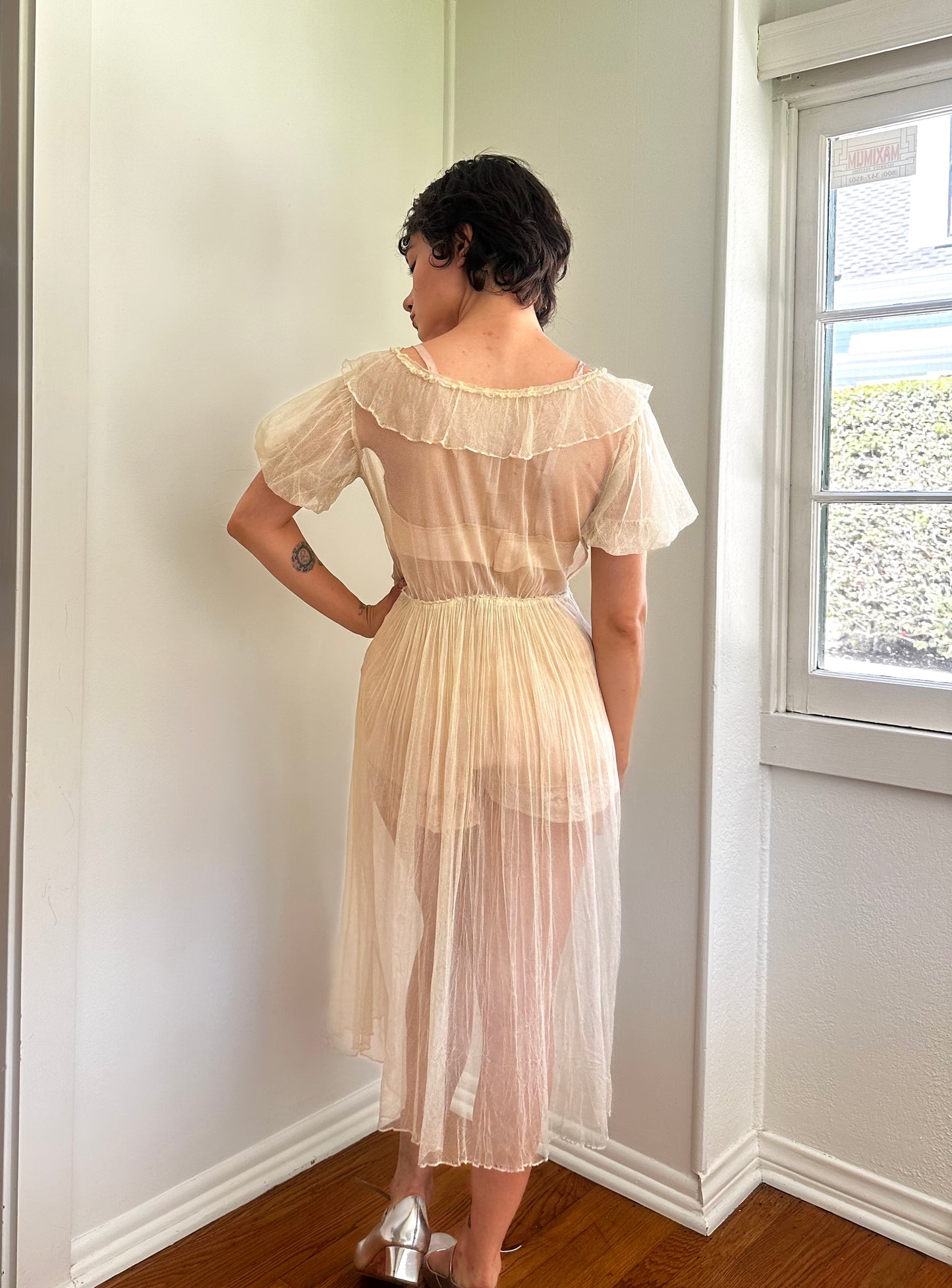1930s Pale Yellow Sheer Net Ruffle Dress