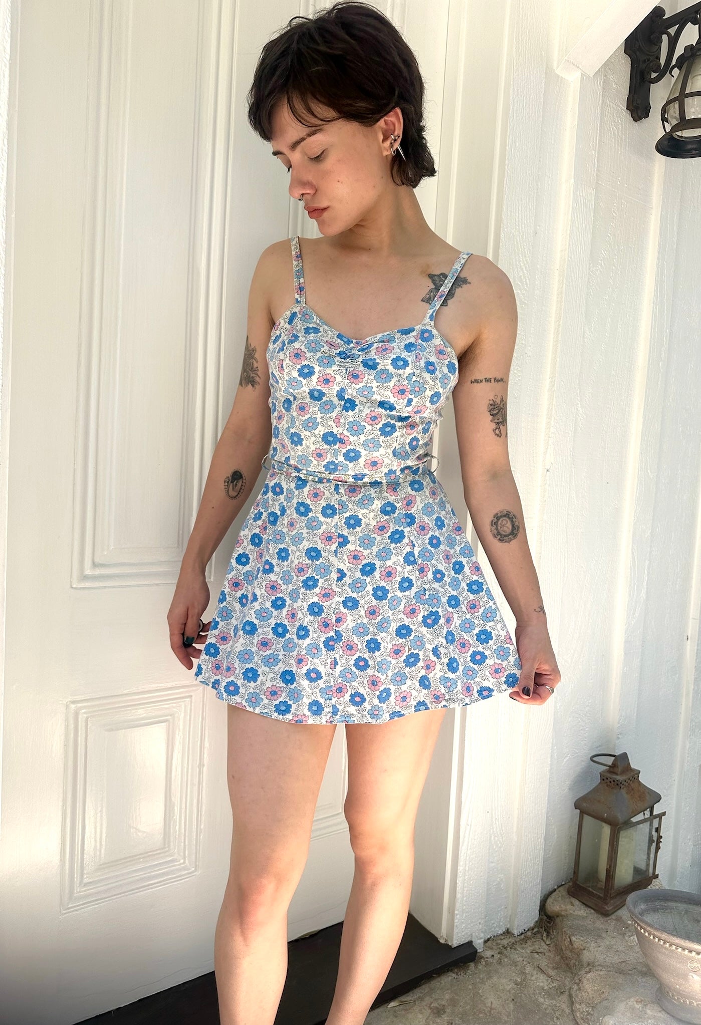 1940s Best & Co NY Floral Printed Cotton Playsuit Mini Dress