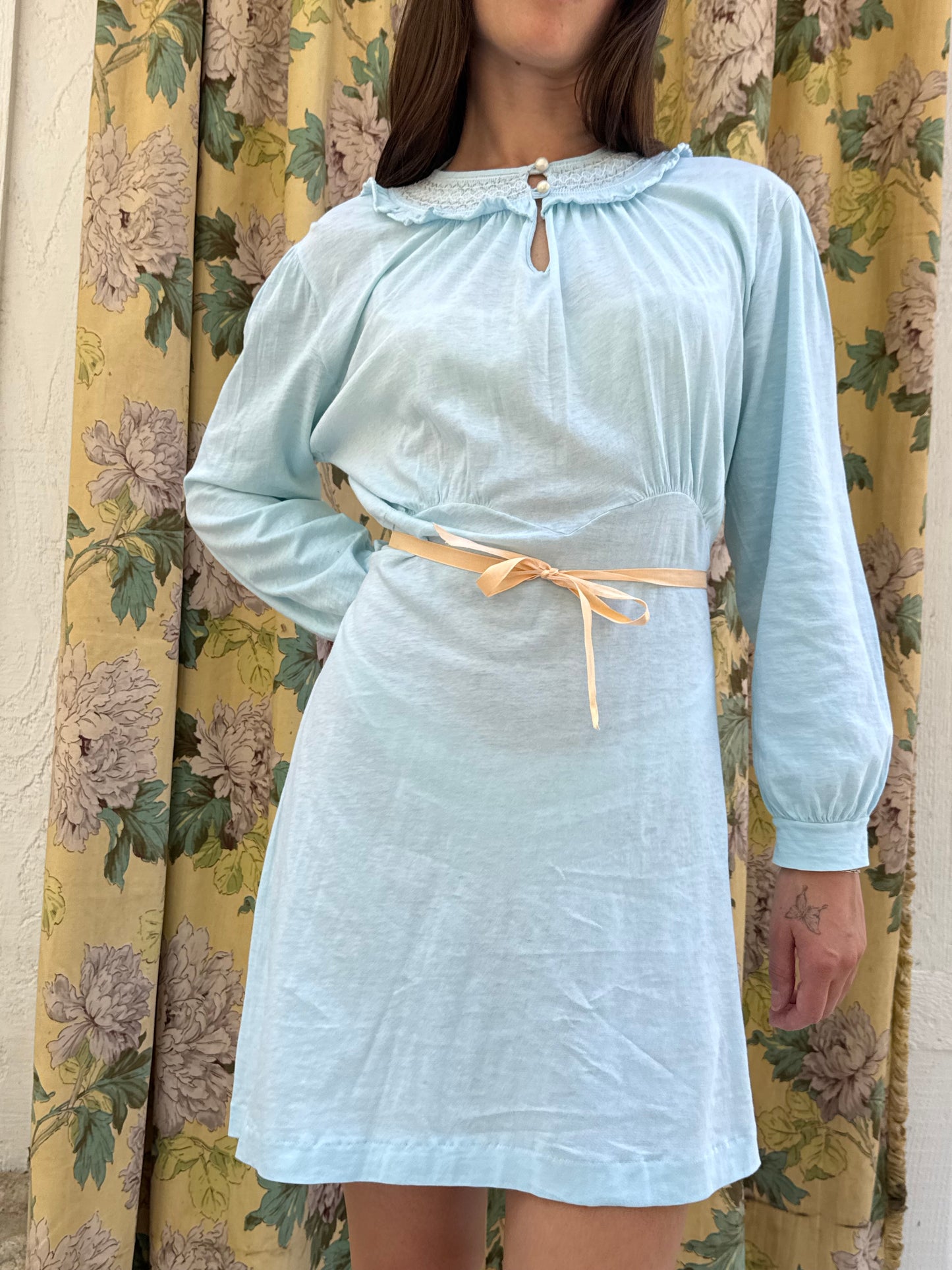 1950s Blue Cotton Smocked Mini Nightgown