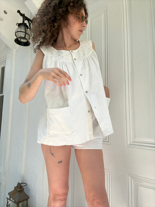 1950s White Rhinestoned Corduroy Babydoll Top