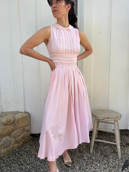 1950s Pink Cotton Lace Trimmed Day Dress