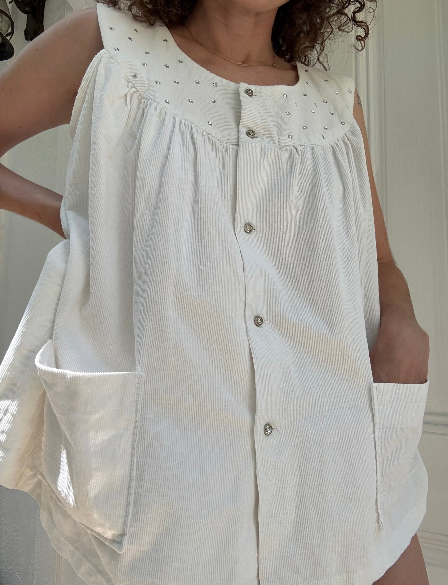 1950s White Rhinestoned Corduroy Babydoll Top