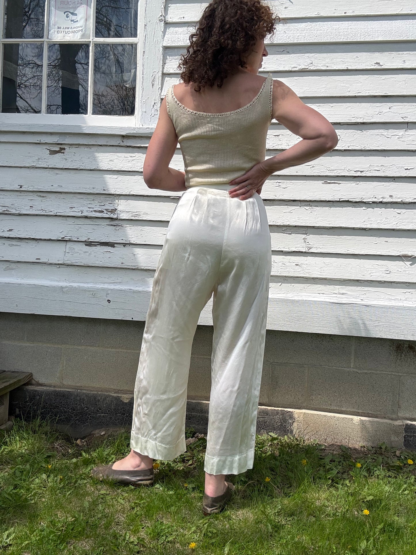 1940s Ivory Satin Side Button Trousers