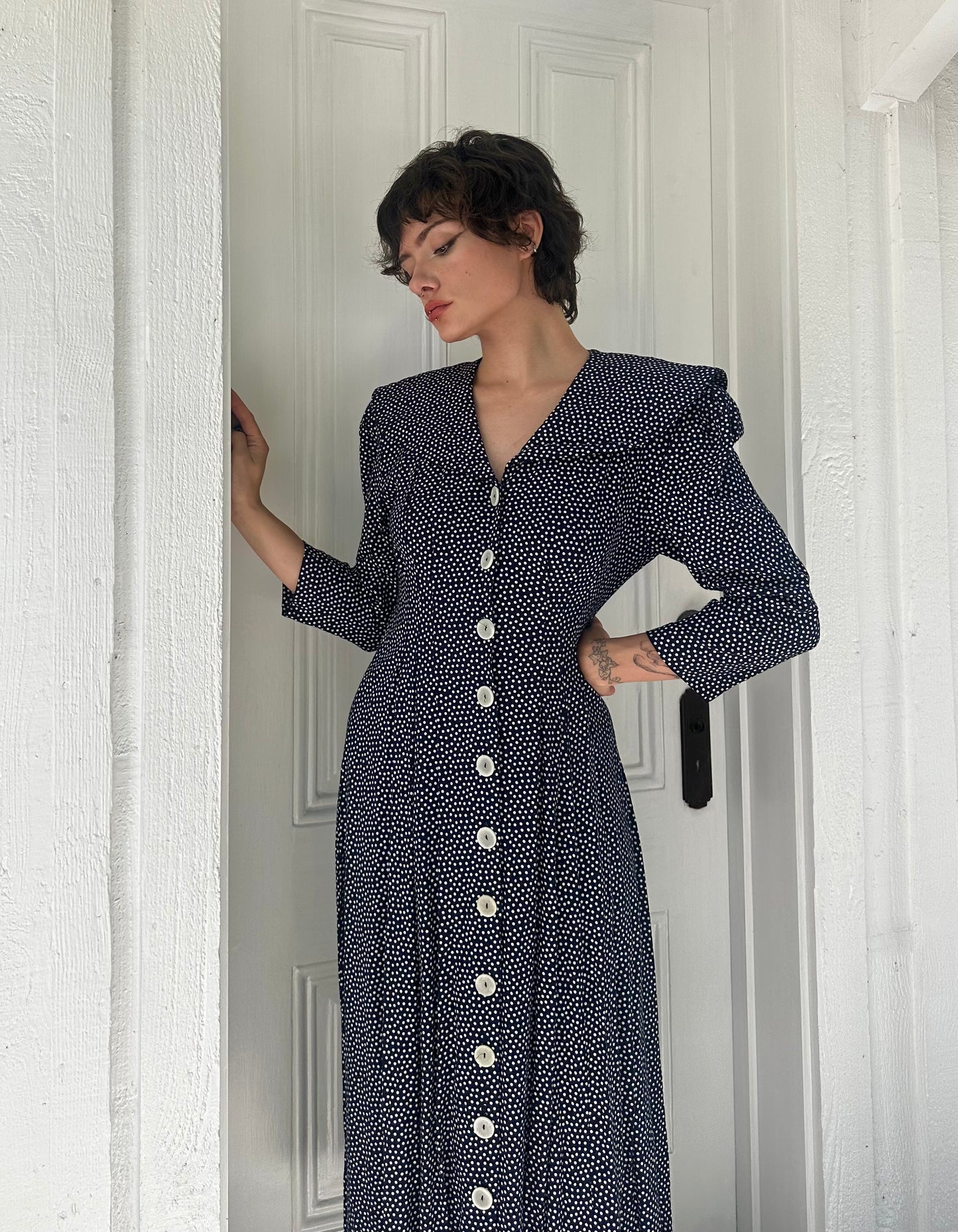 90s Navy Polka Dot Button Front Dress