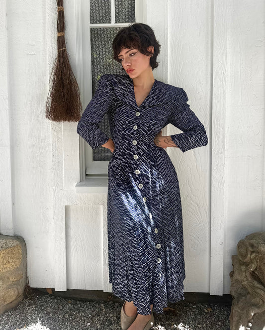 90s Navy Polka Dot Button Front Dress