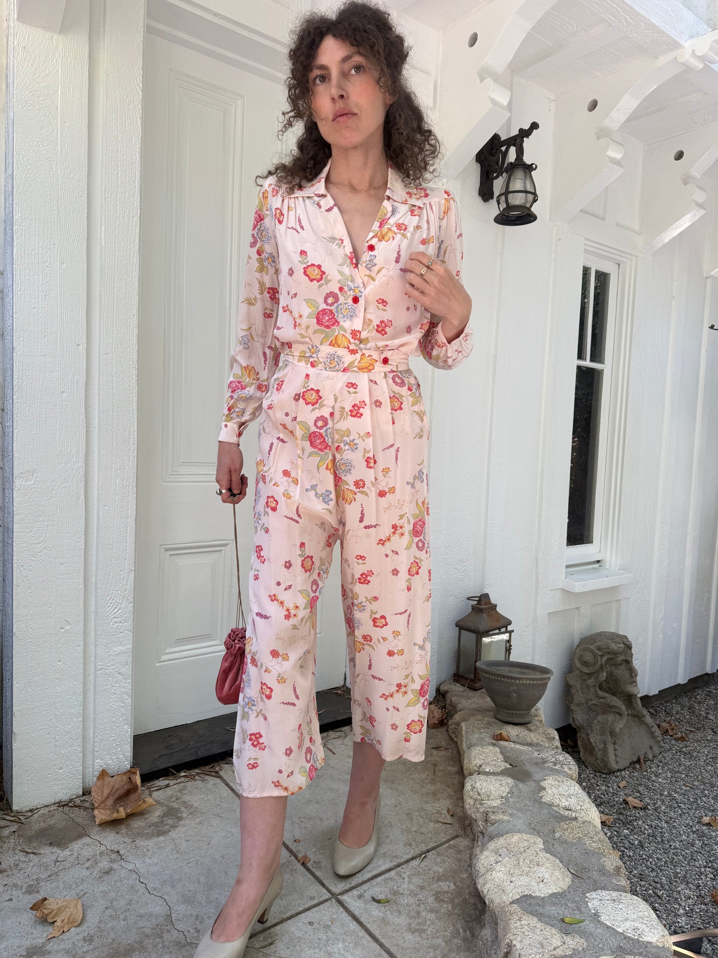 1940s Pink Floral Printed Cold Rayon Lounge Set