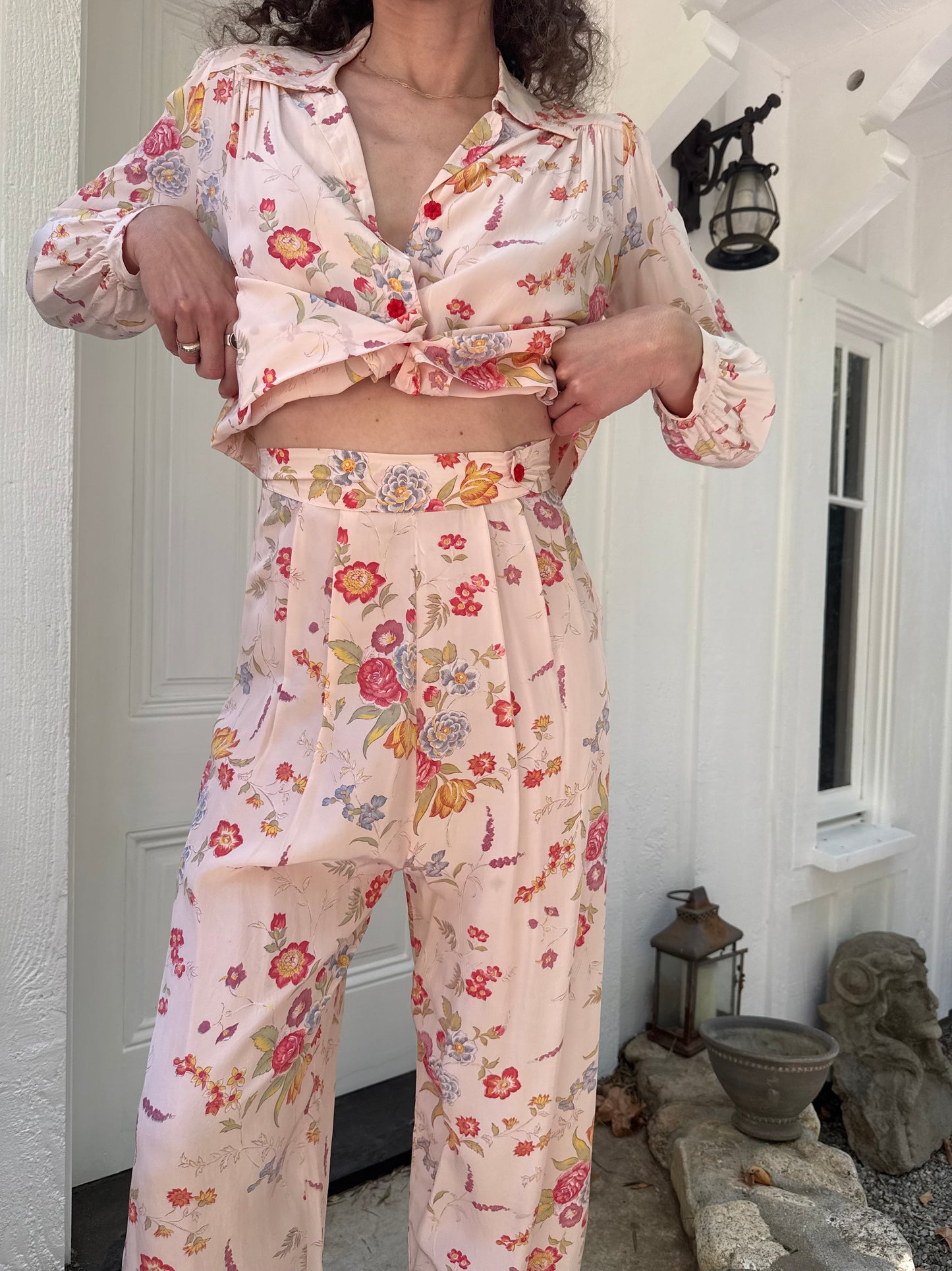 1940s Pink Floral Printed Cold Rayon Lounge Set