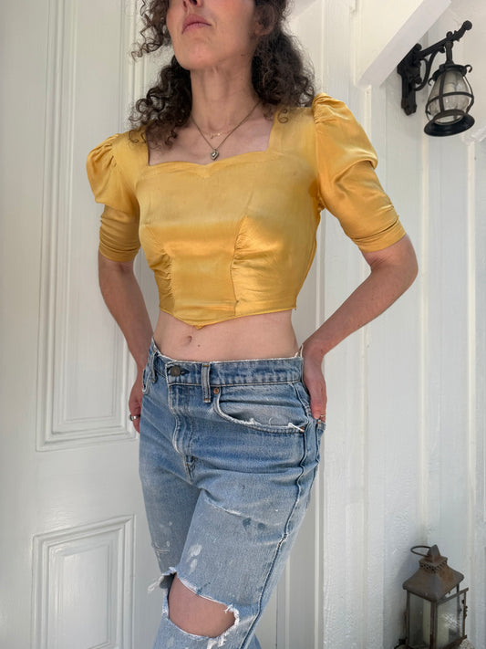 1940s Gold Silk Satin Puff Sleeve Bodice