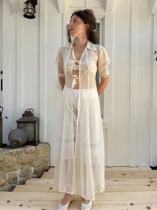 1940s Sheer White Nylon Collared Robe with Bows *as-is