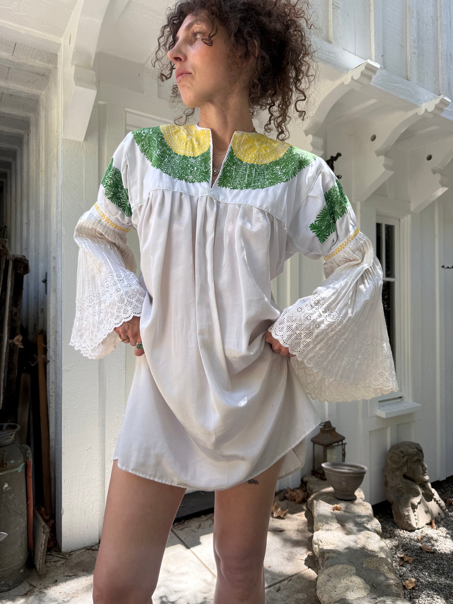 1970s Embroidered Folk Accordion Sleeve Mini Dress