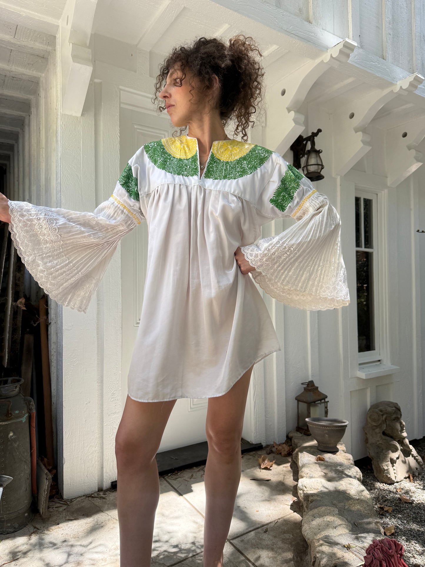 1970s Embroidered Folk Accordion Sleeve Mini Dress
