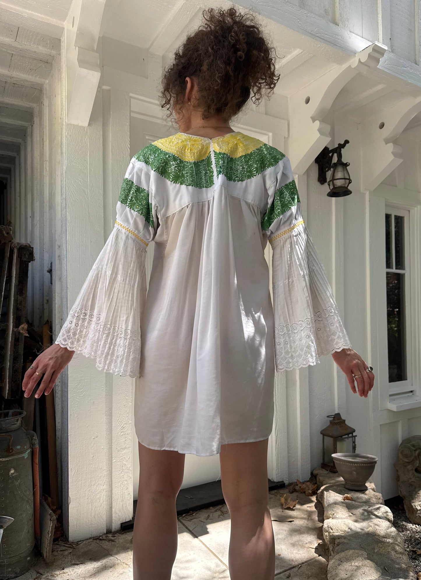 1970s Embroidered Folk Accordion Sleeve Mini Dress