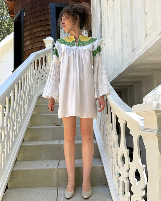 1970s Embroidered Folk Accordion Sleeve Mini Dress