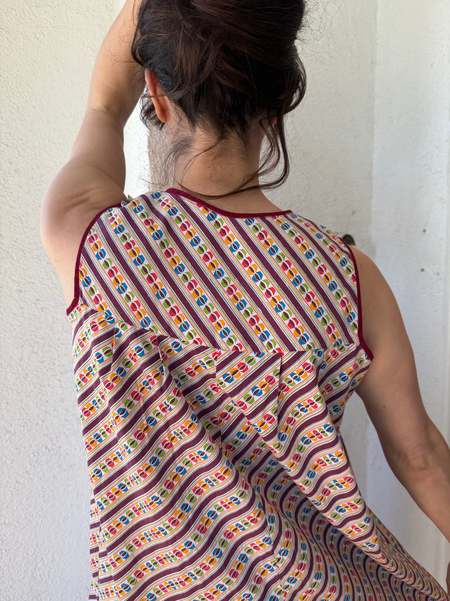 1970s Handmade Printed Mini Dress with Lace Yoke