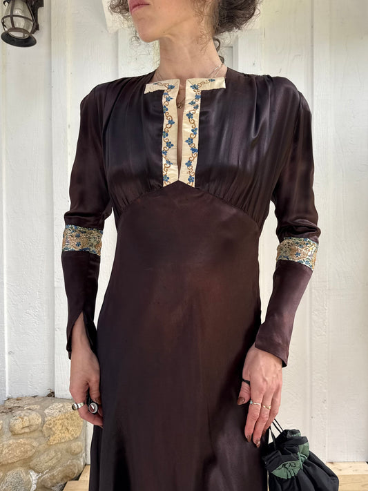 1940s Brown Silk Satin Embroidered Dress
