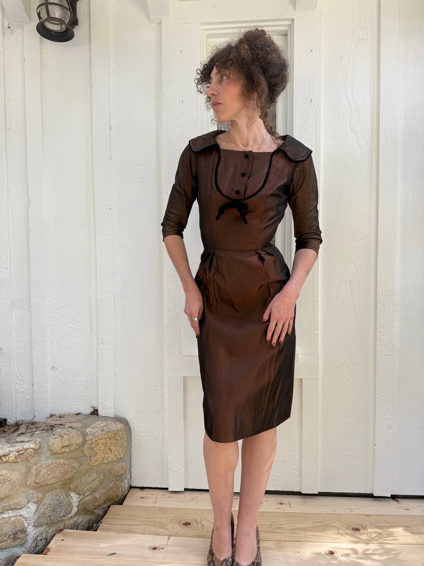 1950s Vogue Design Brown Taffeta Wiggle Cocktail Dress with Velvet Bow