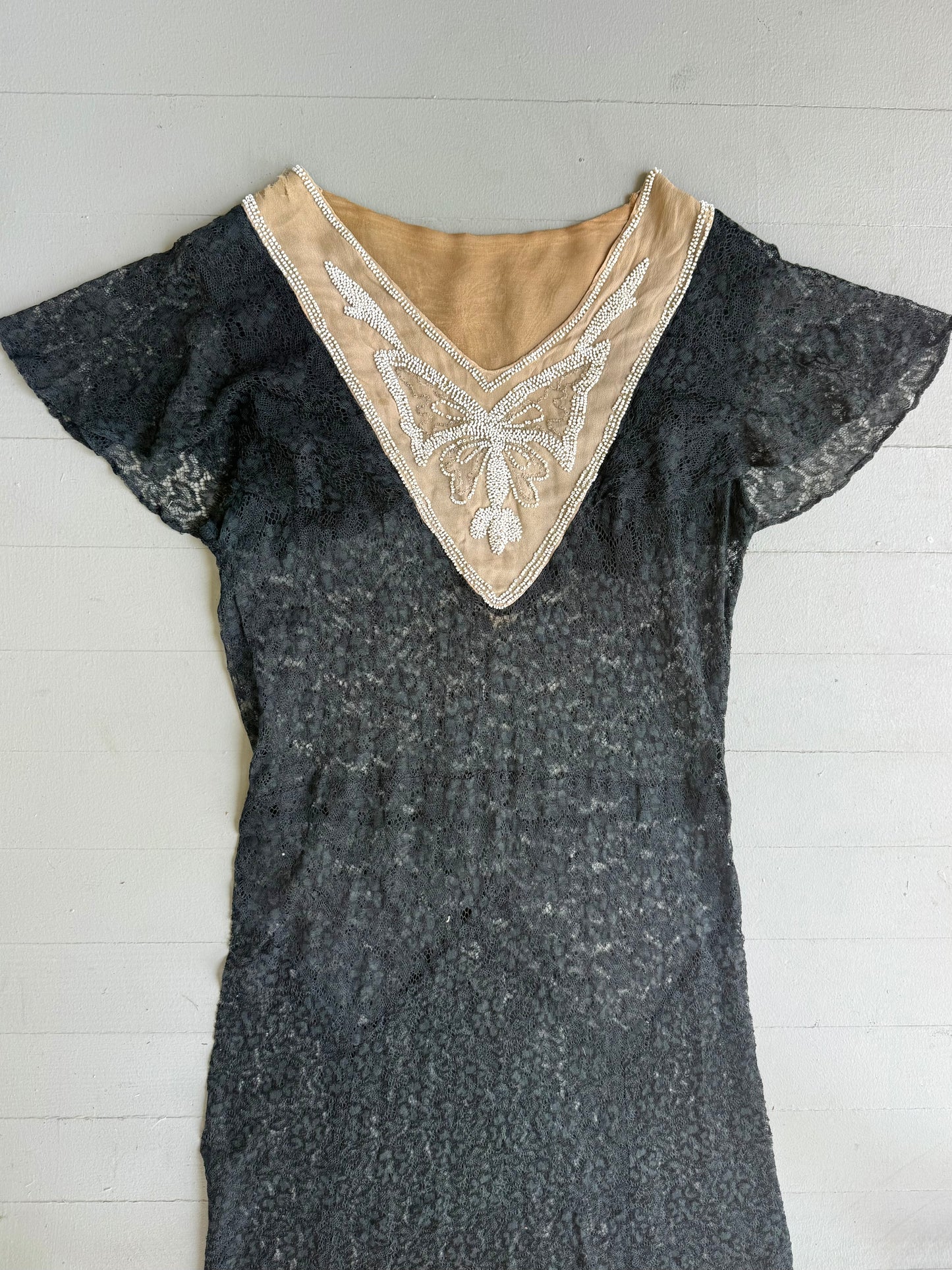 1920s Black Lace Beaded Butterfly Dress