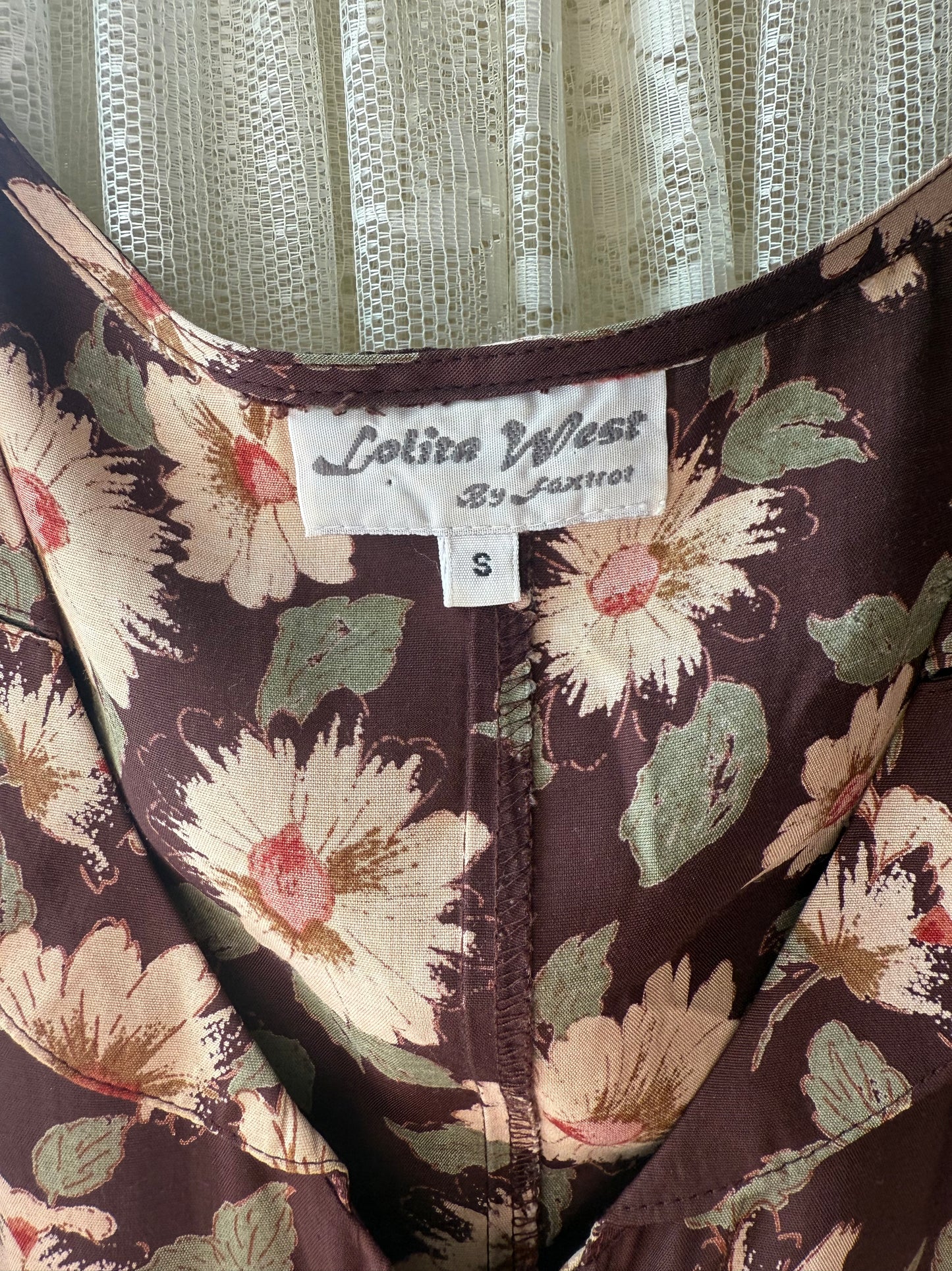 90s Lolita West Brown Floral Rayon Dress