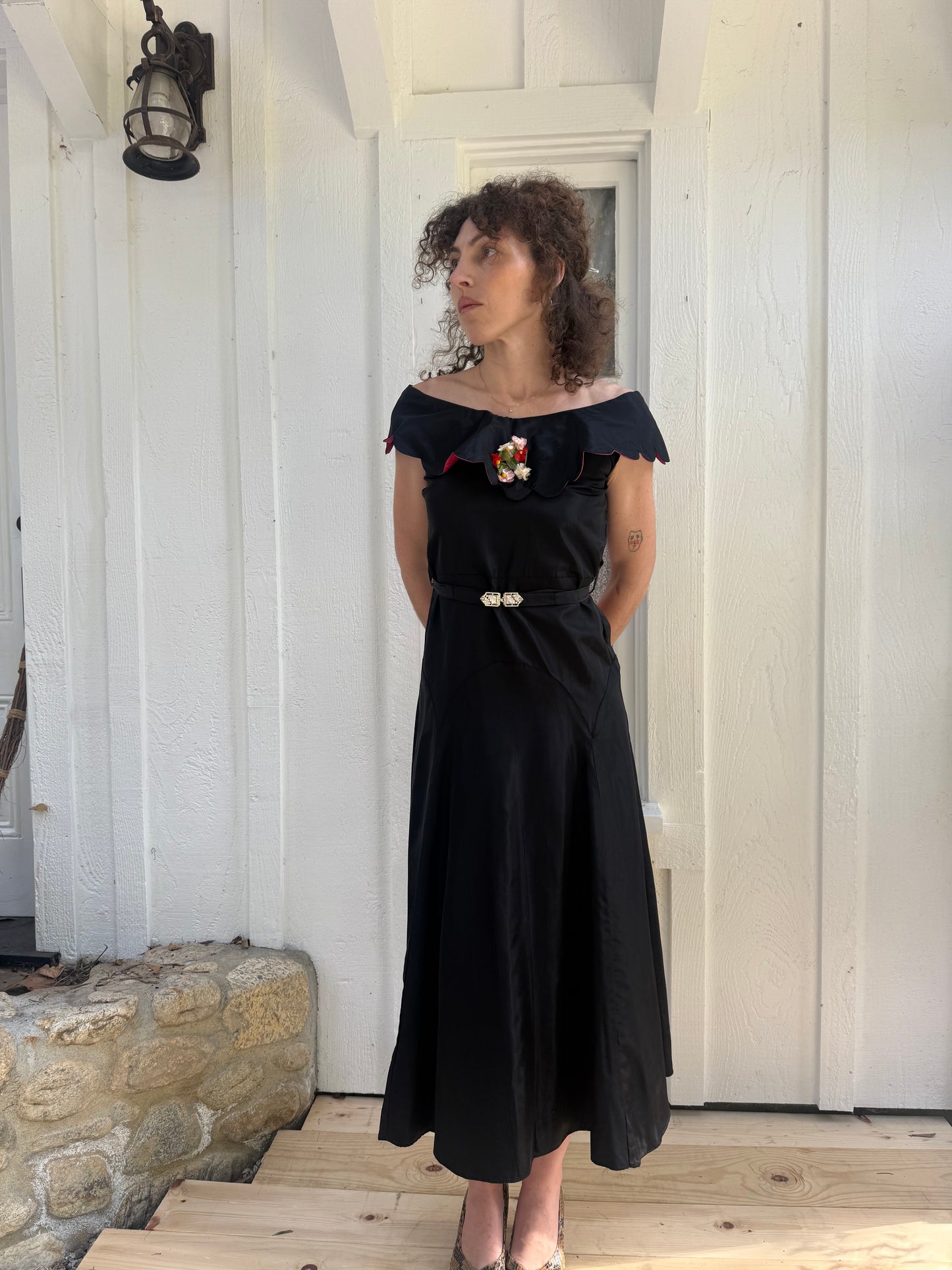1930s Black Taffeta Scalloped Collar Dress