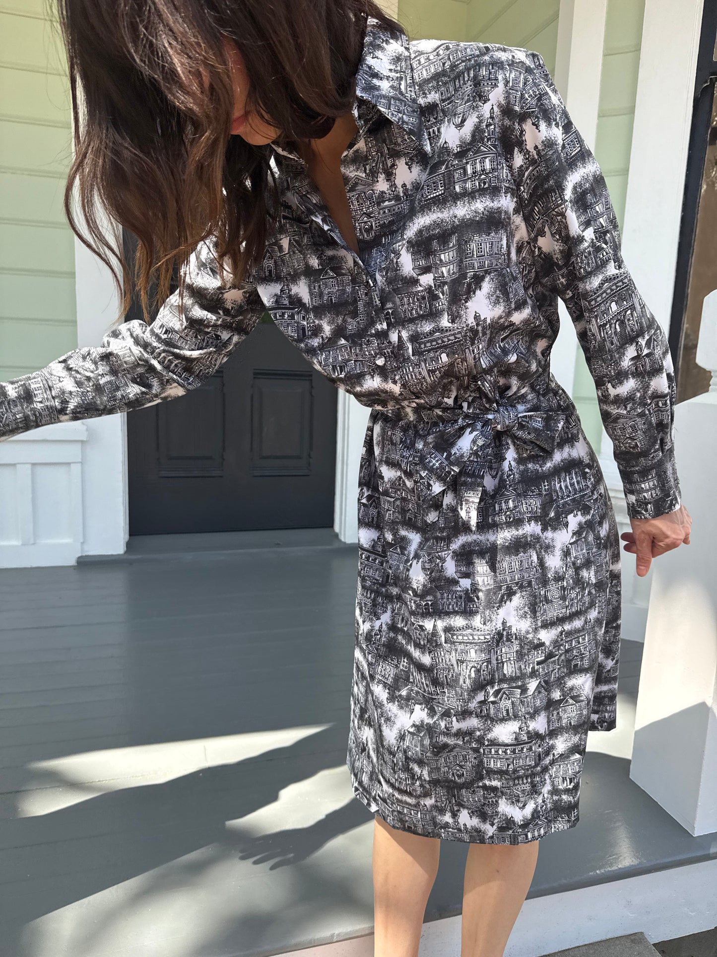 1970s Lanvin Paris Print Black and White Button Front Shirt Dress