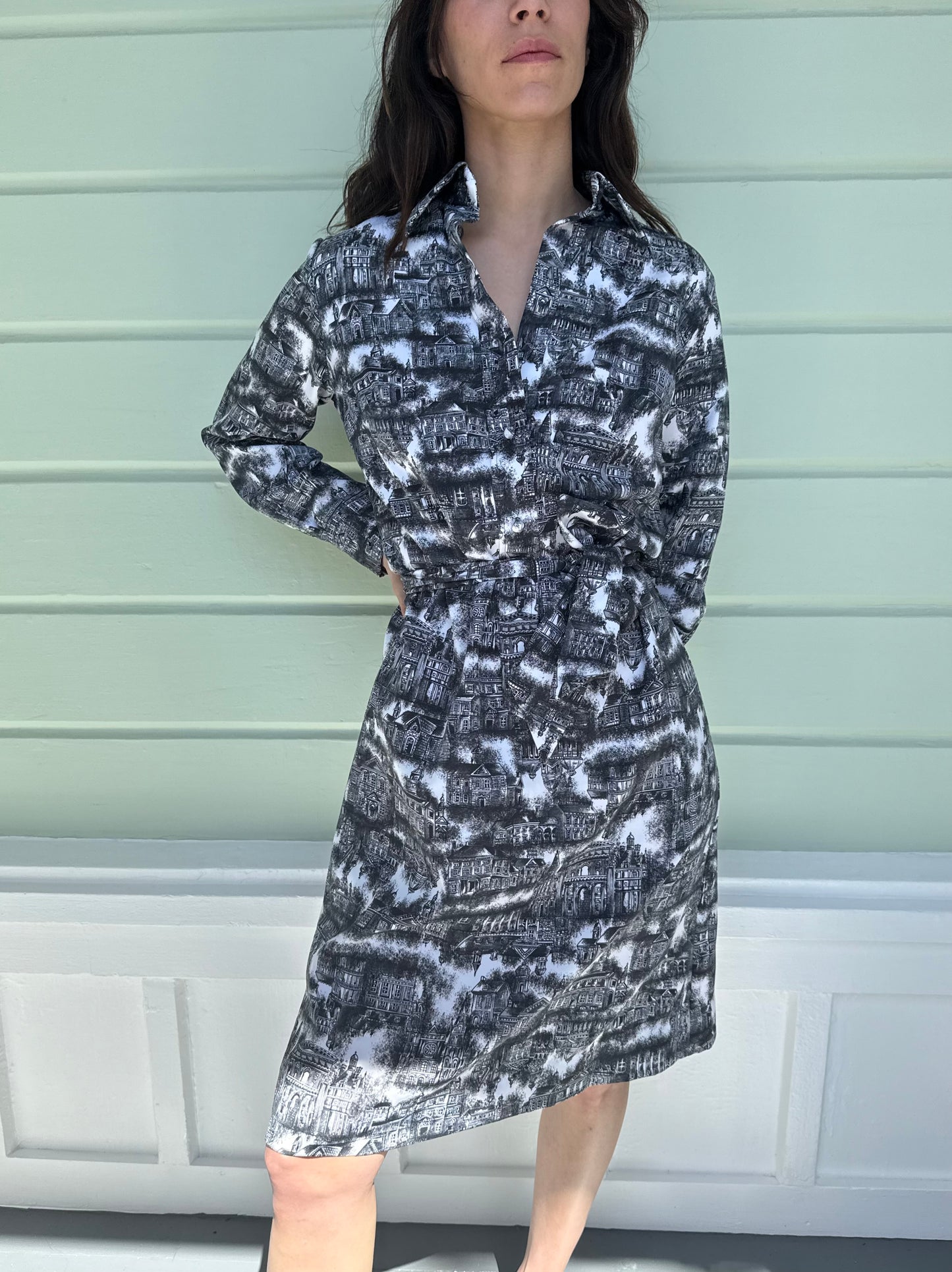 1970s Lanvin Paris Print Black and White Button Front Shirt Dress