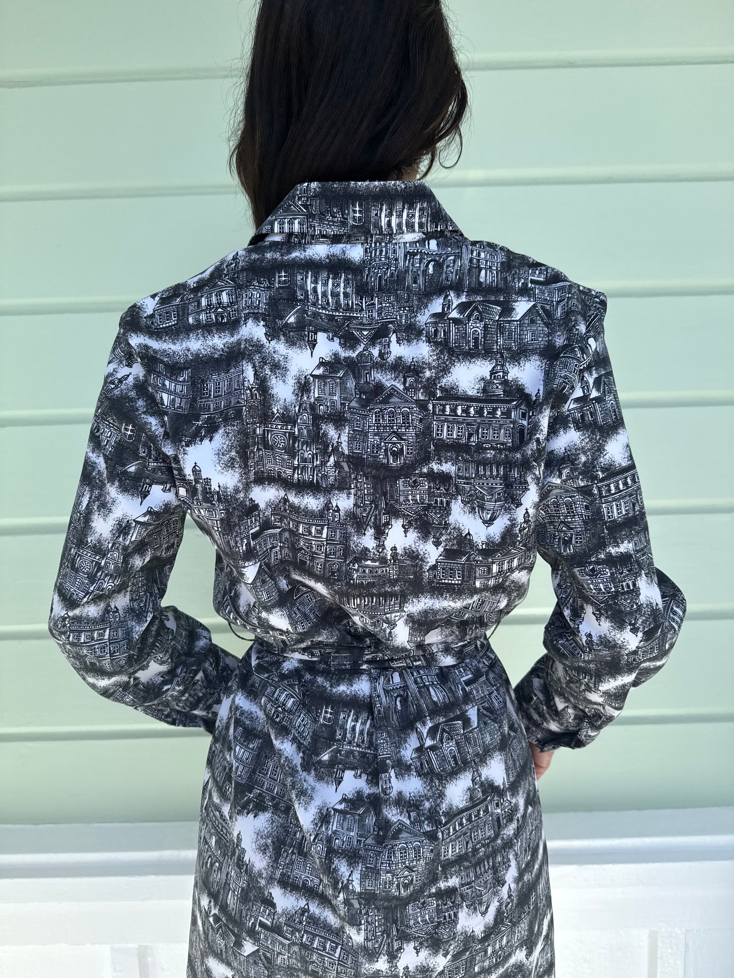 1970s Lanvin Paris Print Black and White Button Front Shirt Dress