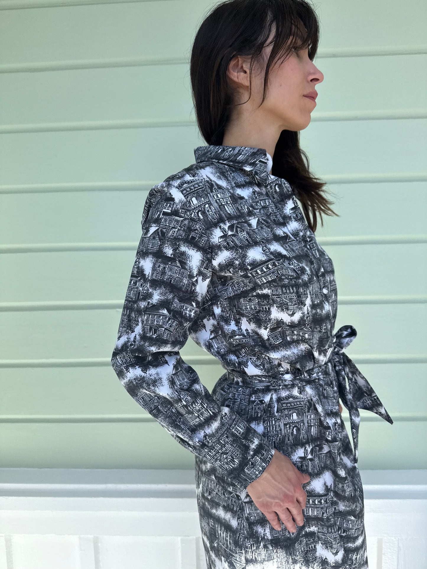 1970s Lanvin Paris Print Black and White Button Front Shirt Dress