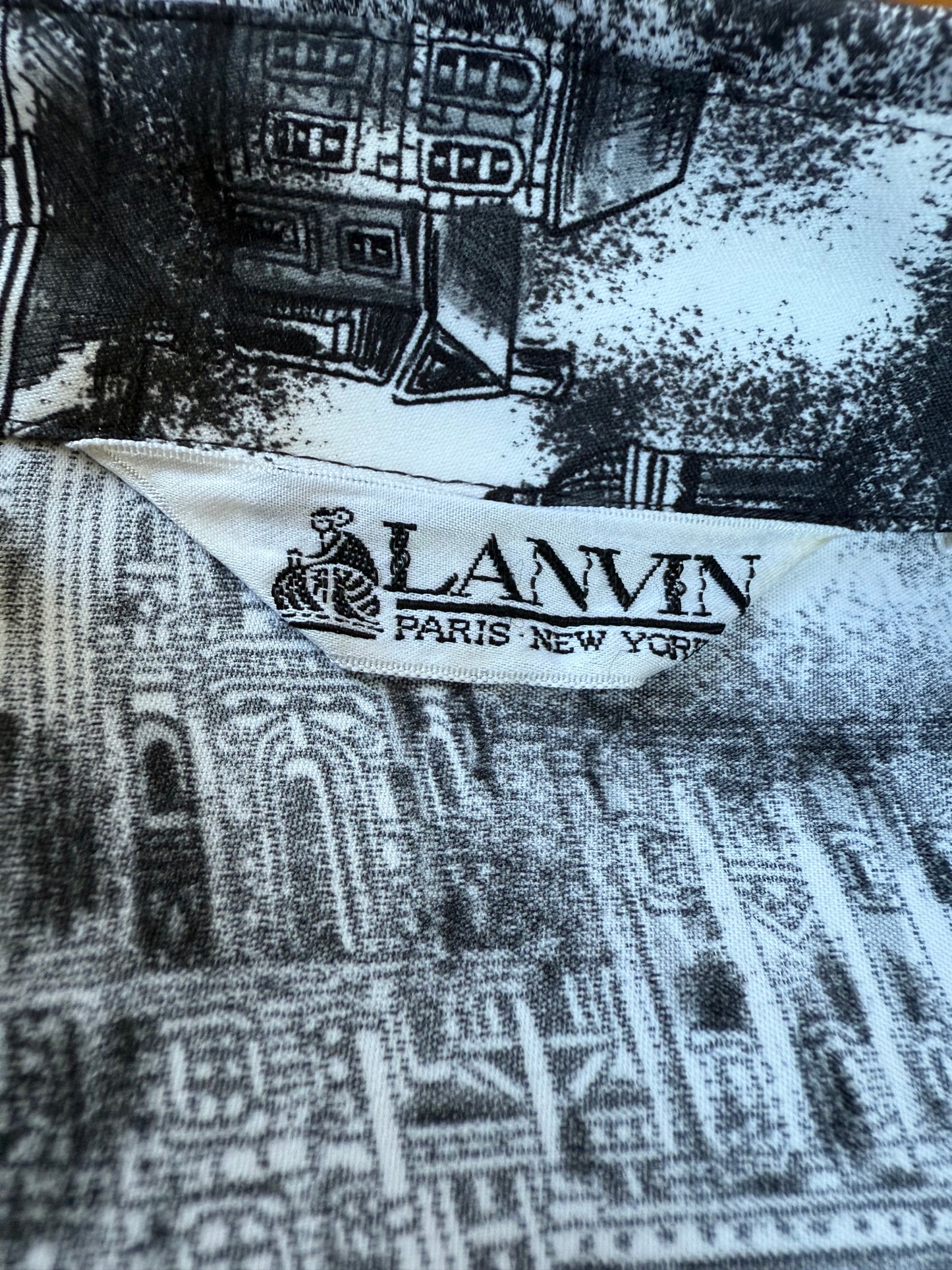 1970s Lanvin Paris Print Black and White Button Front Shirt Dress