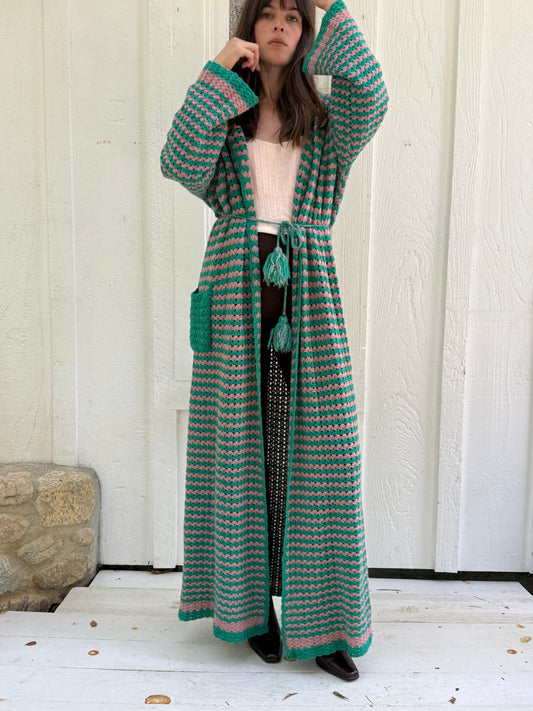 1970s Hand Crocheted Maxi Cardigan Sweater