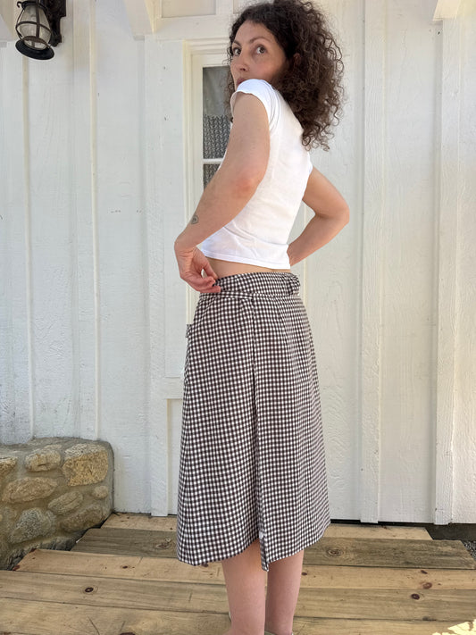1970s Brown Gingham Midi Wrap Skirt