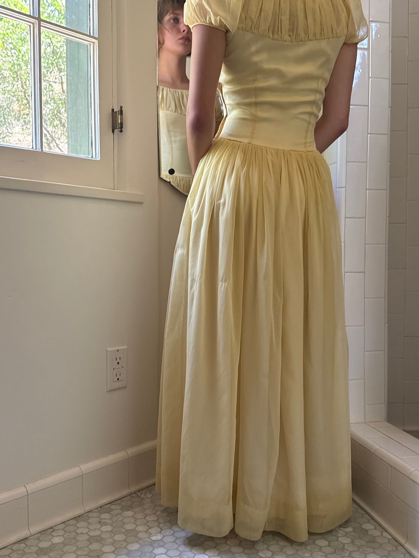 1940s Yellow Puff Sleeve Gathered Gown