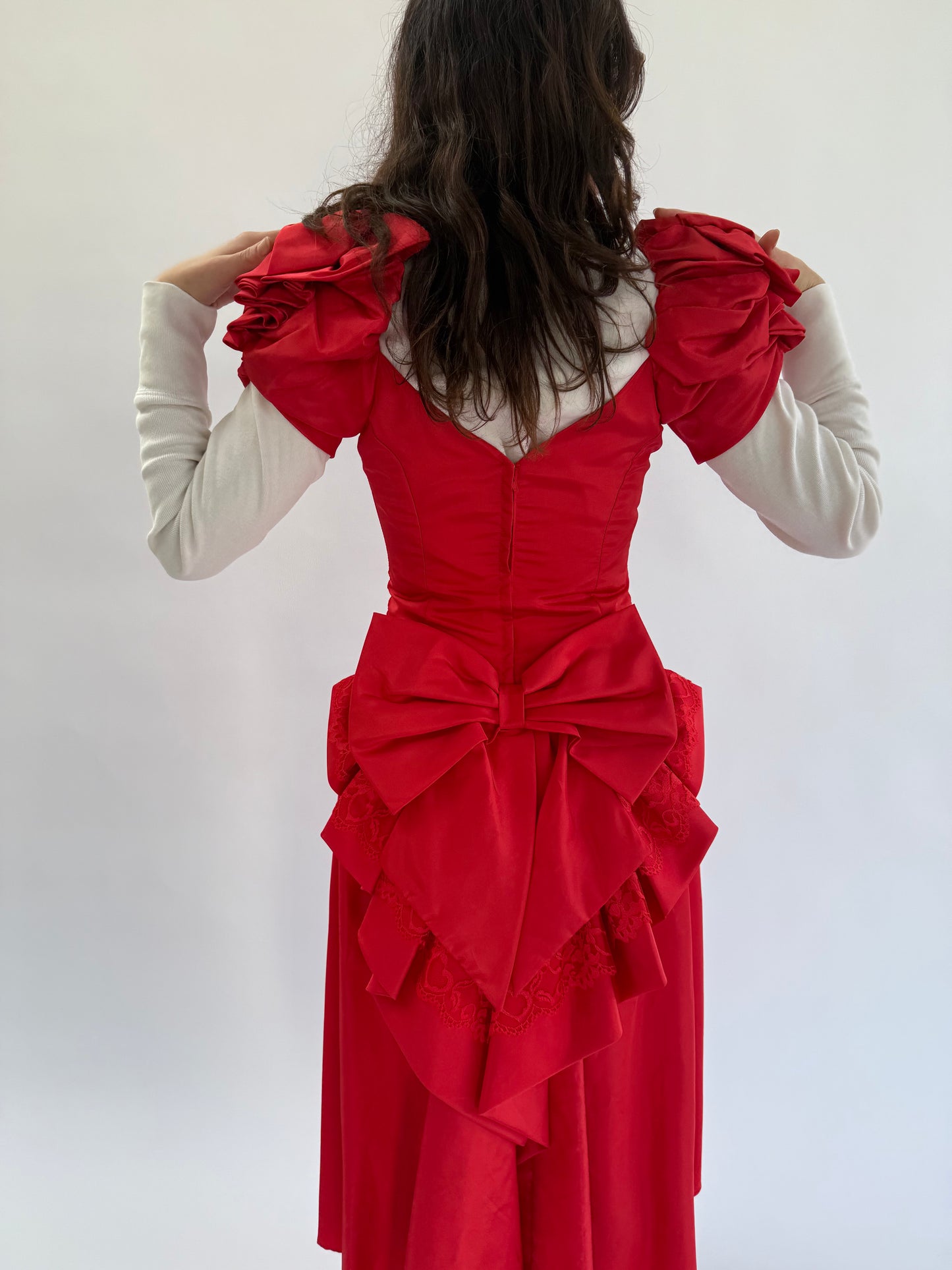 1980s Red Taffeta Sweetheart Dress with Lace Trimmed Heart Bow Bustle