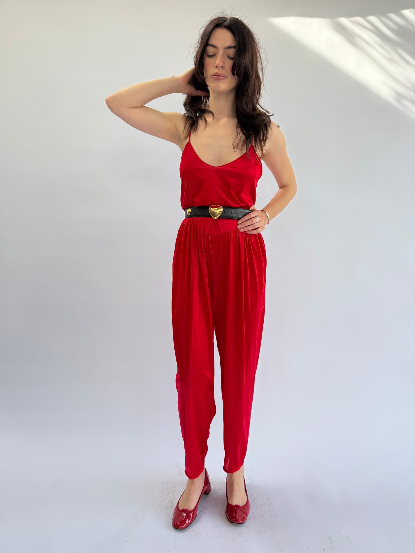1970s Featherbed New York Red Nylon Rope Trimmed Jumpsuit
