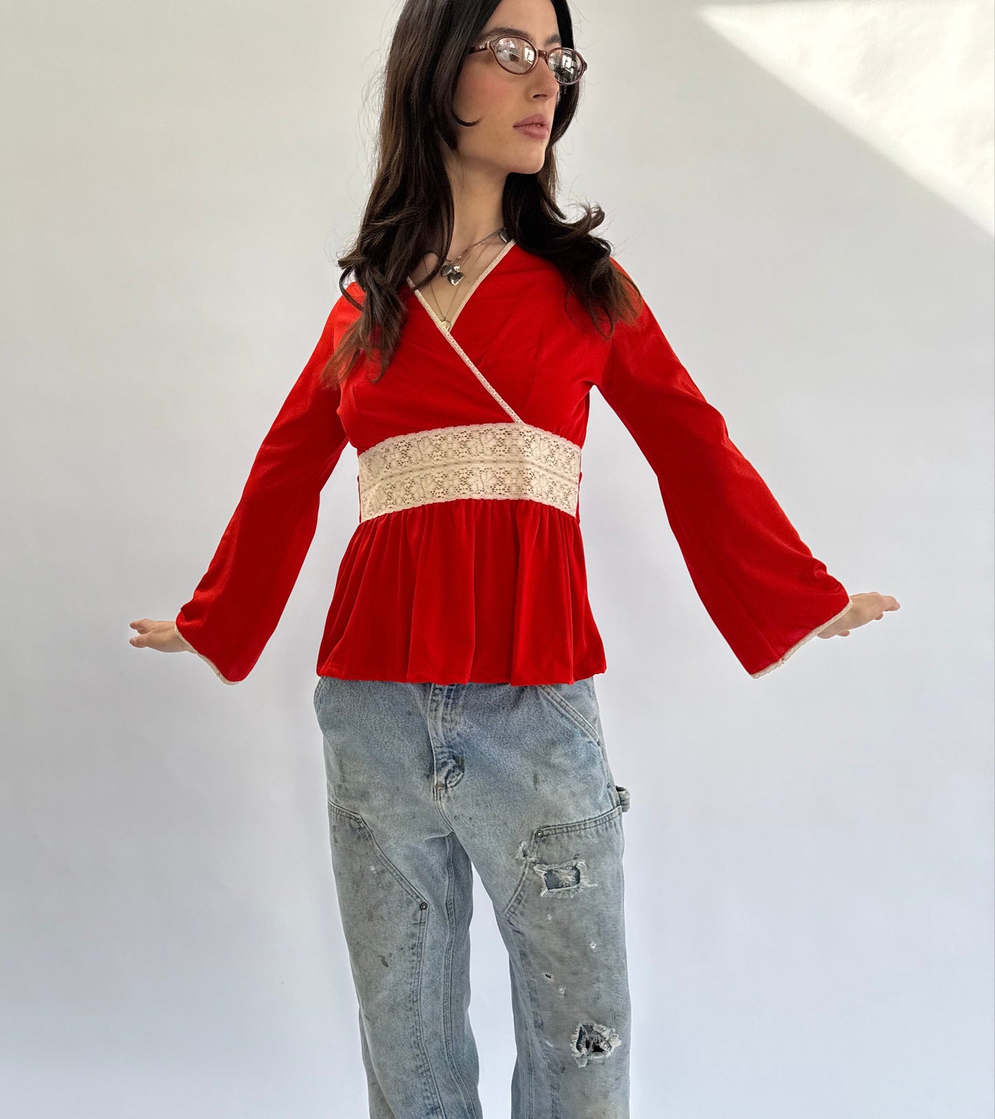 1970s Red Crochet Lace Trimmed Wrap Top Bell Sleeve Blouse