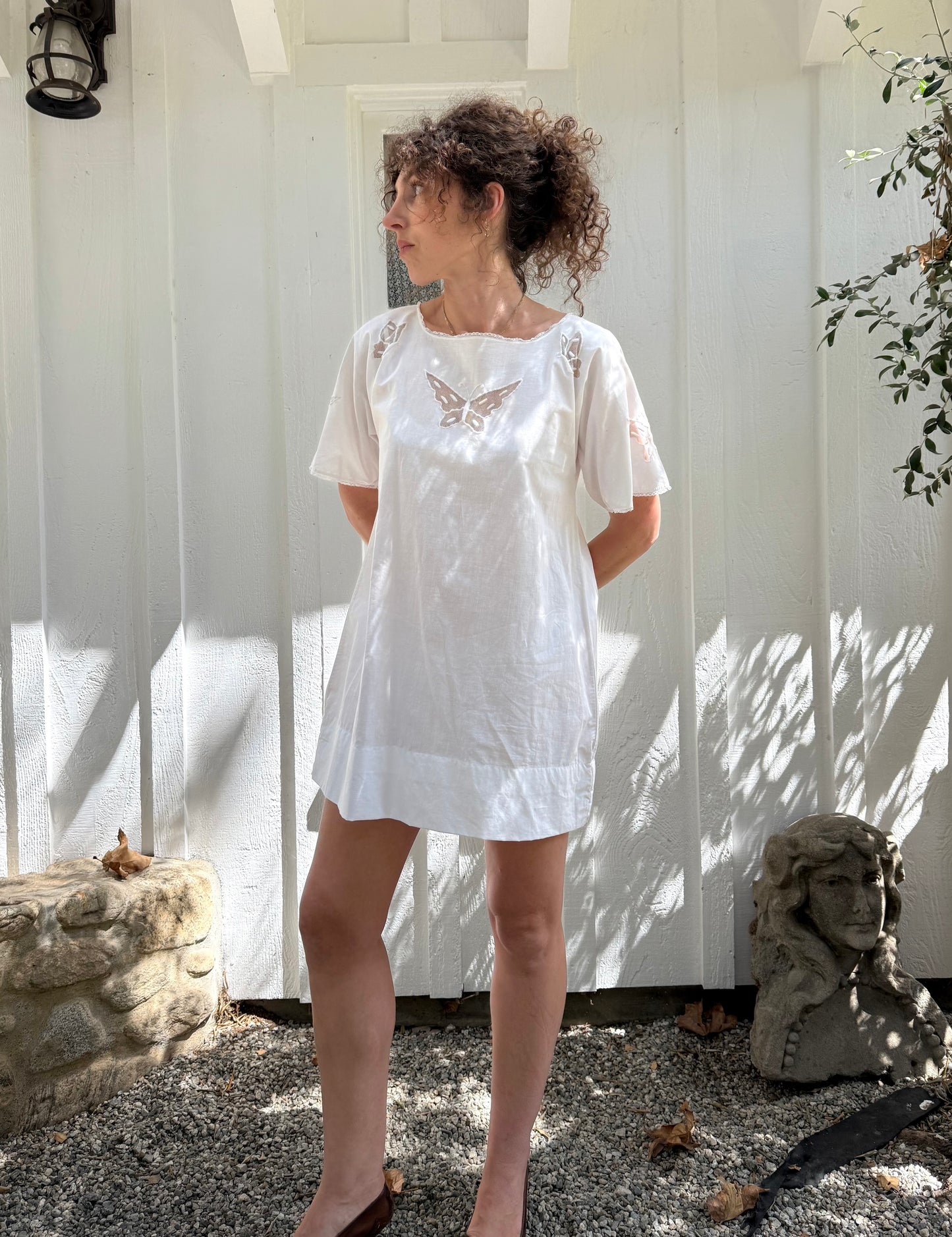 Antique Butterfly Lace Trimmed Cotton Mini Dress