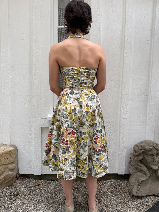 1950s Floral Cotton Halter Swing Dress with Sequins