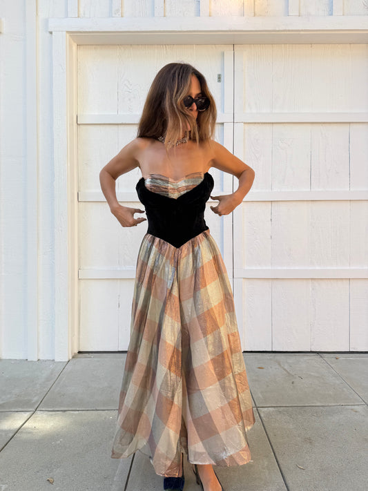 1950s Velvet and Plaid Lamé Evening Gown