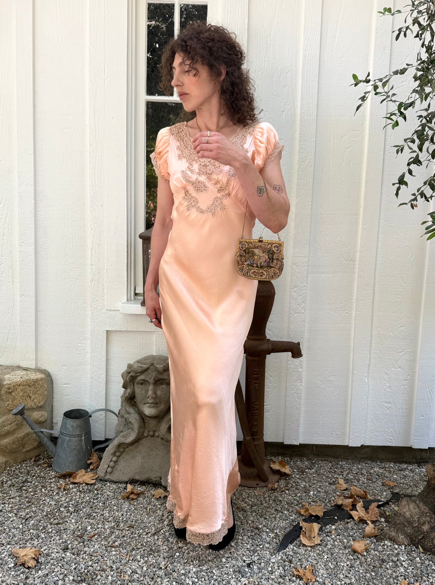 1930s NRA Label Soft Peach Silk Lace Trimmed Slip Dress