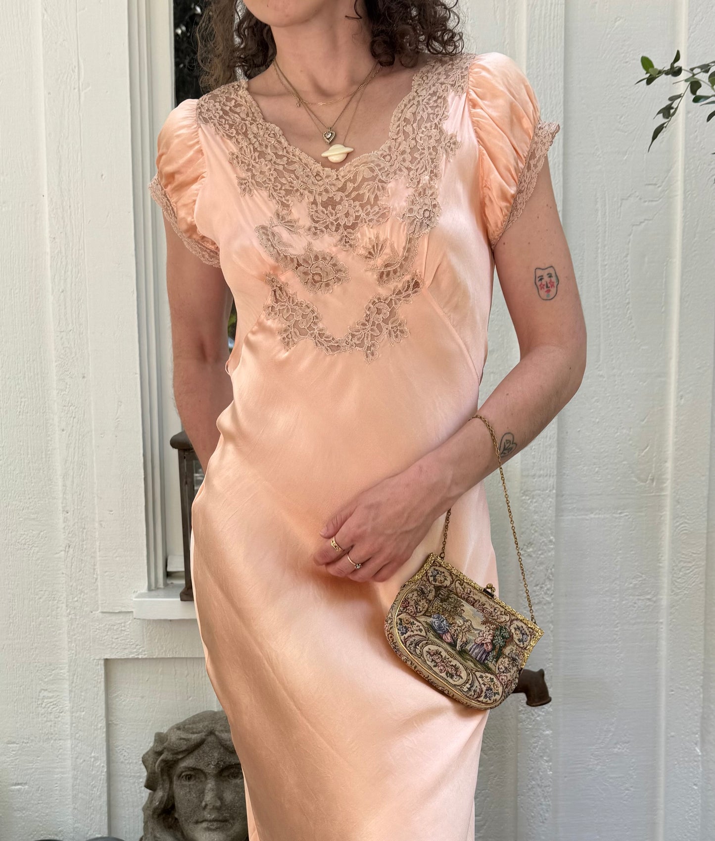 1930s NRA Label Soft Peach Silk Lace Trimmed Slip Dress