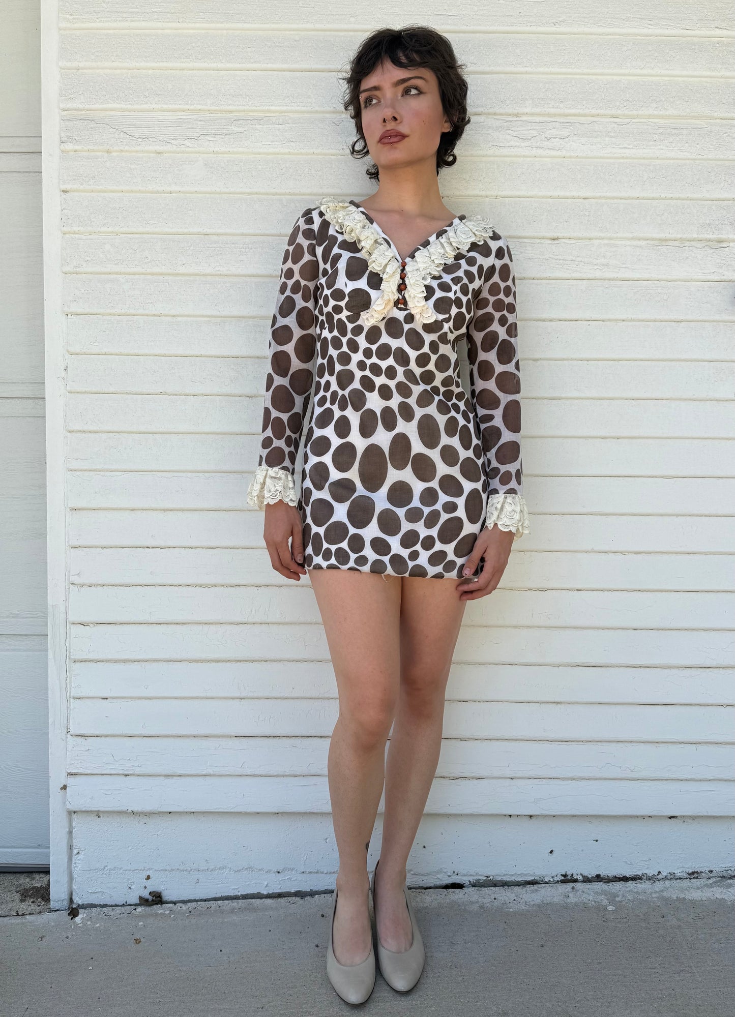 1960s Brown Polka Dot Ruffle Mini Dress