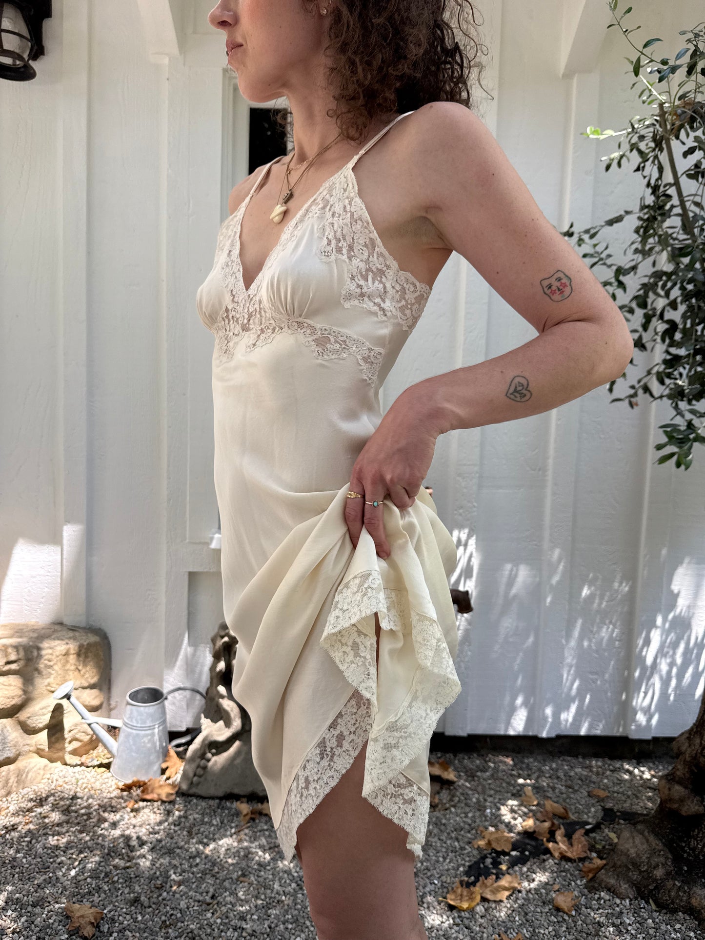 1940s Ivory Silk Bias Cut Lace Trimmed Slip Dress