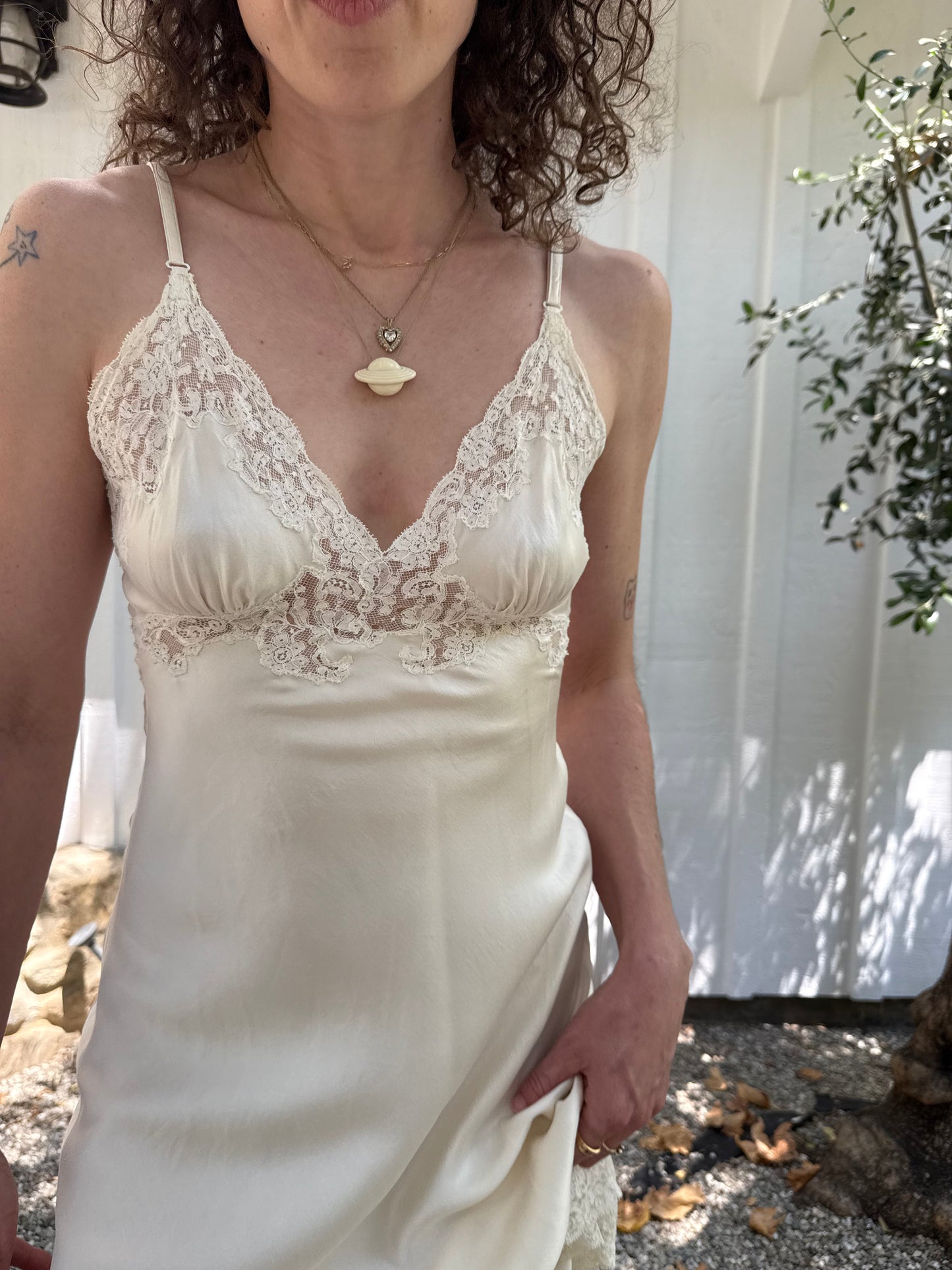 1940s Ivory Silk Bias Cut Lace Trimmed Slip Dress