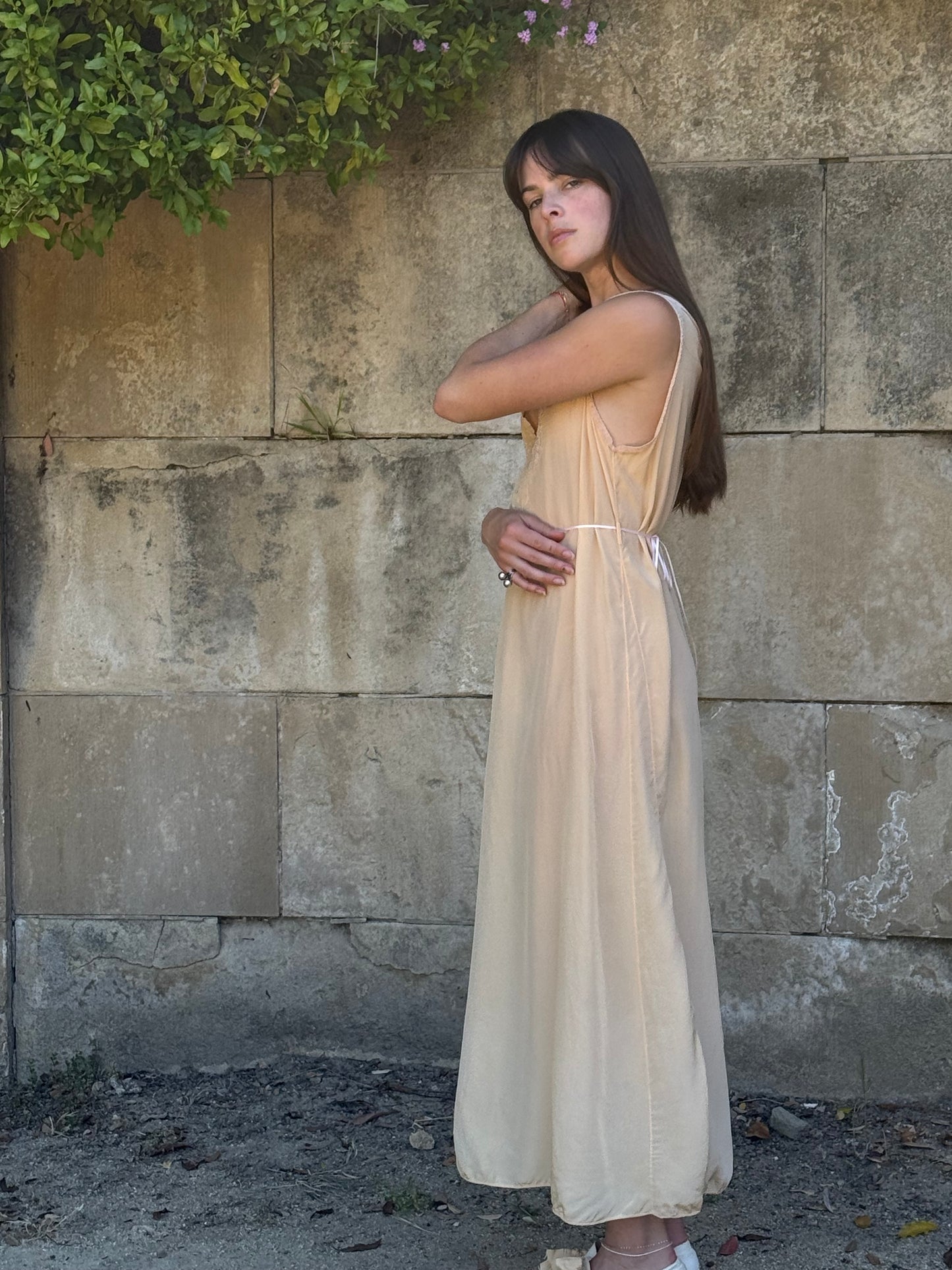 1940s Pale Peach Silk Lace Trimmed Slip Dress