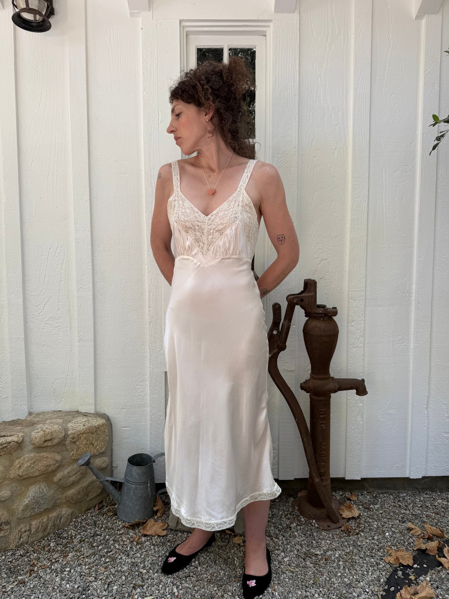1940s Shiny Pale Pink Skylon Lace Trimmed Slip Dress