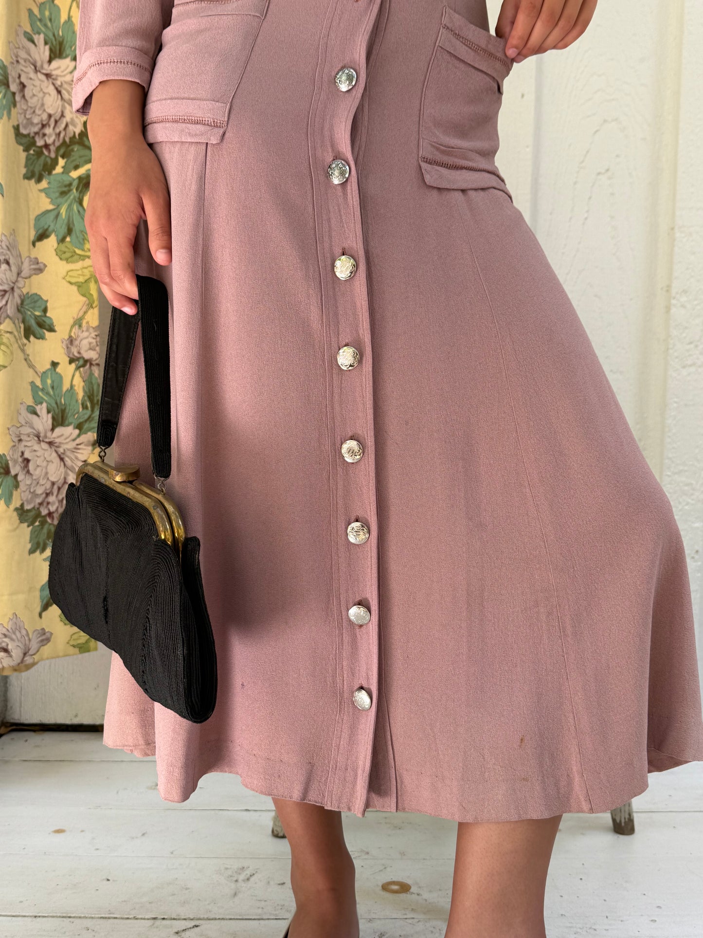 1930s Rose Crepe Button Front Day Dress