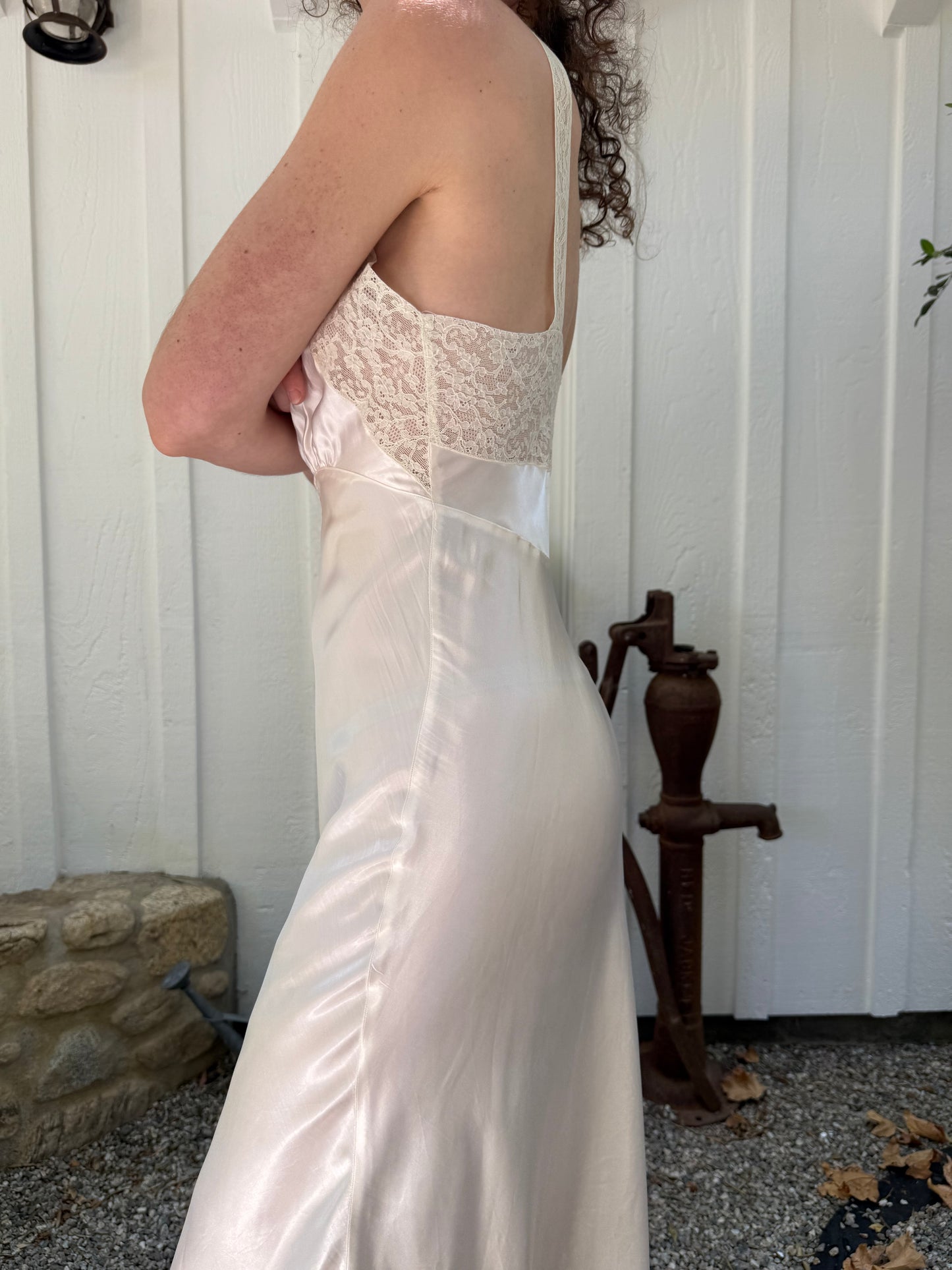1940s Shiny Pale Pink Skylon Lace Trimmed Slip Dress